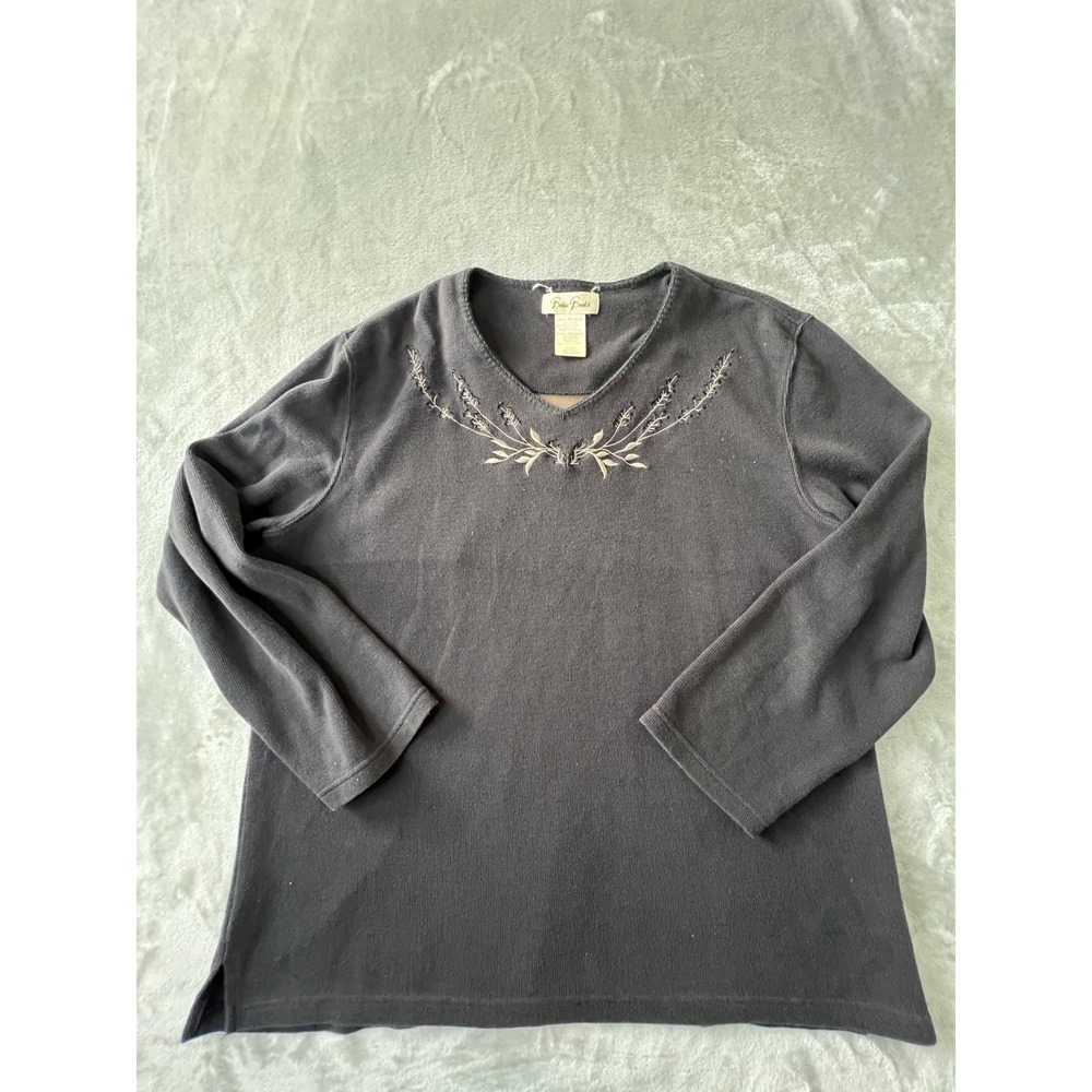 Bobbie Brooks Top Womens XL Black Embroidered V-Neck Long Sleeve